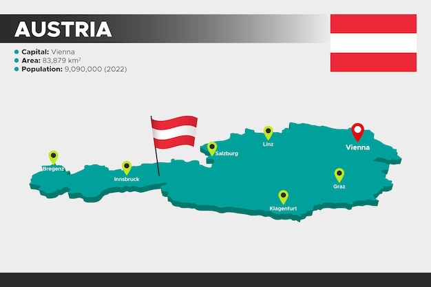 Mapa de ilustração 3d isométrico da áustria bandeira da população da área das capitais e mapa da áustria