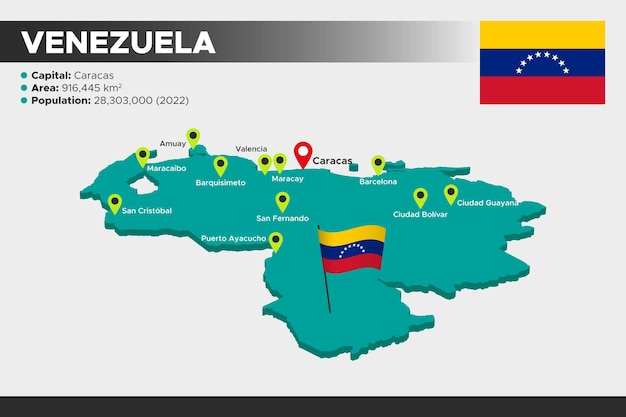 Mapa de ilustração 3d isométrico da venezuela bandeira população da área das capitais e mapa da venezuela