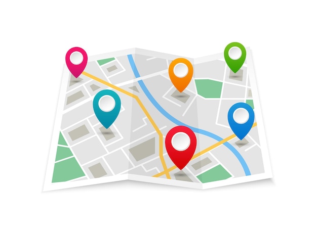 Mapa de localização dobrado com marcadores Mapa da cidade com ponteiros coloridos