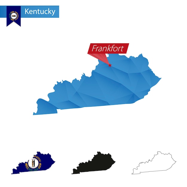 Mapa de low poly azul do estado de kentucky com capital frankfort