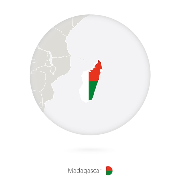 Mapa de madagascar e bandeira nacional em um círculo contorno do mapa de madagascar com bandeira ilustração vetorial