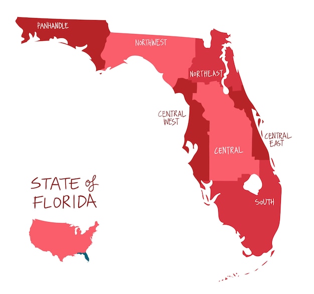 Vetor mapa de mão desenhada da flórida com regiões e municípios