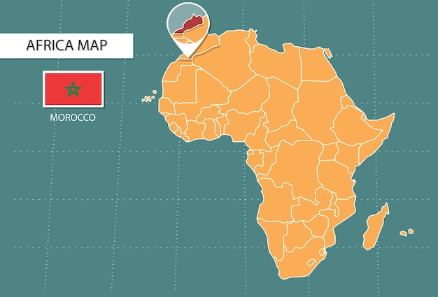 Mapa de marrocos em ícones de versão de zoom de áfrica mostrando bandeiras e localização de marrocos