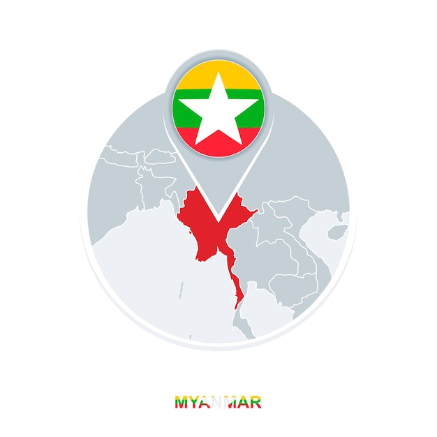 Mapa de mianmar e ícone de mapa vetorial de bandeira com myanmar destacado