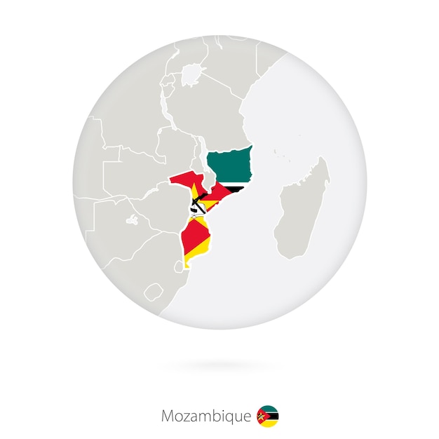 Mapa de moçambique e bandeira nacional em um círculo contorno de mapa de moçambique com bandeira ilustração vetorial