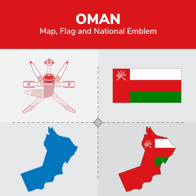 Mapa de omã, bandeira e emblema nacional