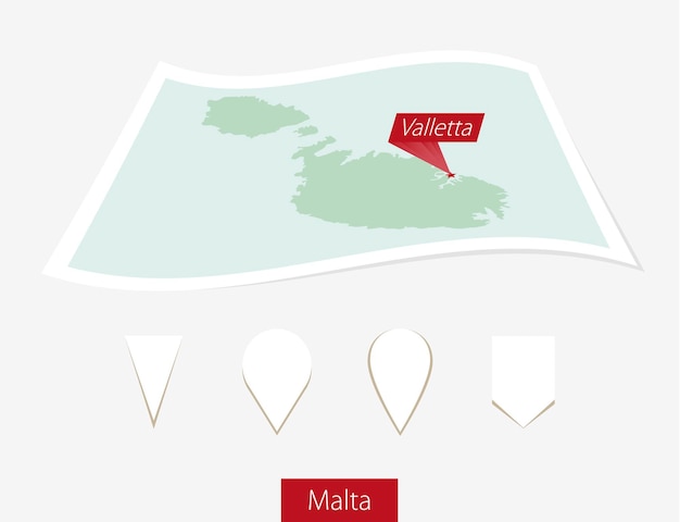 Vetor mapa de papel curvo de malta com a capital valletta em fundo cinza quatro diferentes conjuntos de pinos de mapa ilustração vetorial