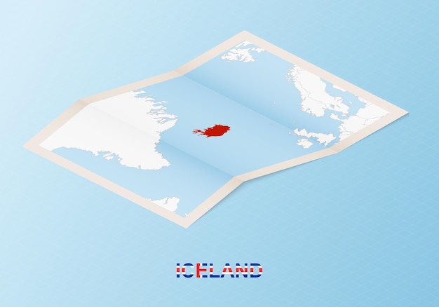 Mapa de papel dobrado da islândia com os países vizinhos em estilo isométrico.