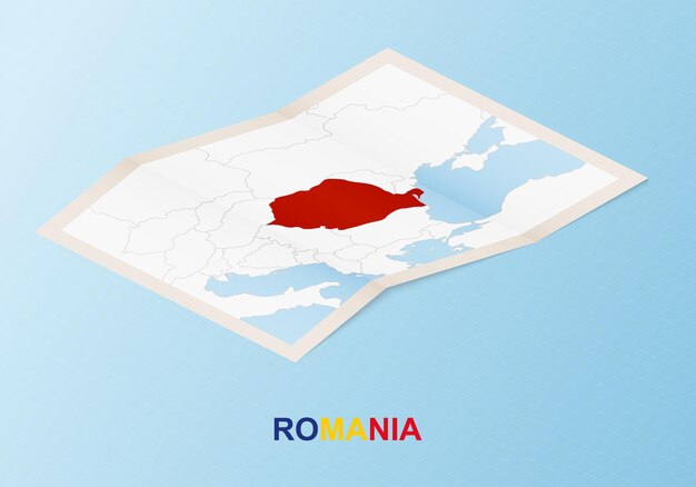 Mapa de papel dobrado da romênia com os países vizinhos em estilo isométrico.