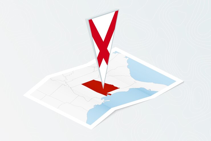 Vetor mapa de papel isométrico do alabama com bandeira triangular do alabama em estilo isométrico mapa no fundo topográfico