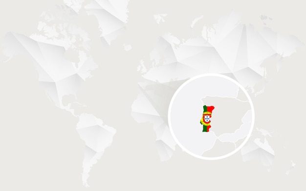 Mapa de portugal com bandeira em contorno no mapa-múndi poligonal branco