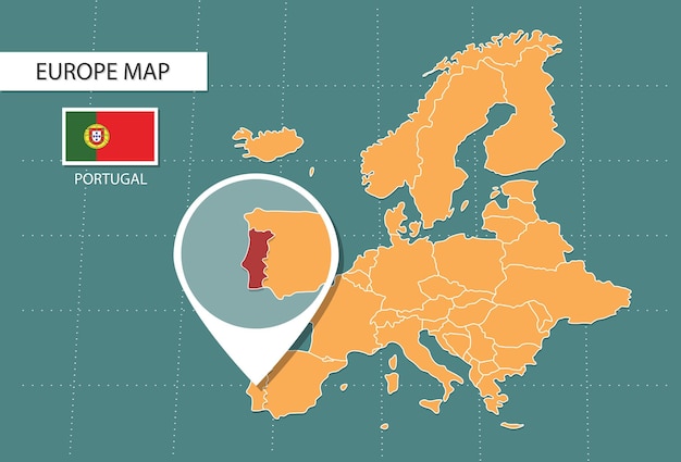 Mapa de portugal na versão zoom da europa ícones mostrando a localização e bandeiras de portugal