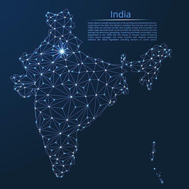 Mapa de rede de comunicação da índia imagem de baixo poli vetorial de um mapa global com luzes