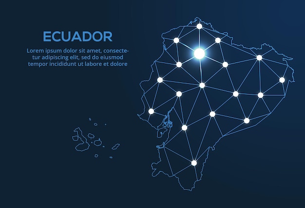 Mapa de rede de comunicação do Equador Imagem de baixo poli vetorial de um mapa global com luzes na forma de cidades Mapa na forma de uma constelação muda e estrelas