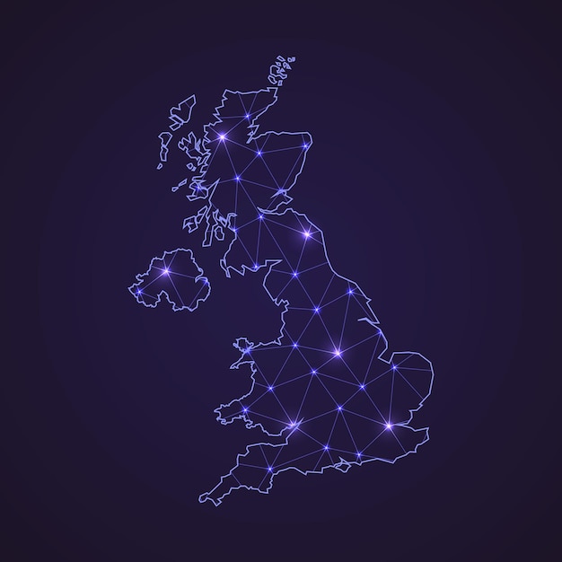Mapa de rede digital do Reino Unido. Linha de conexão abstrata e ponto em fundo escuro