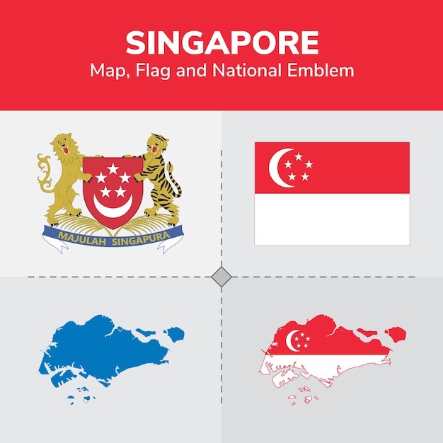 Mapa de singapura, bandeira e emblema nacional