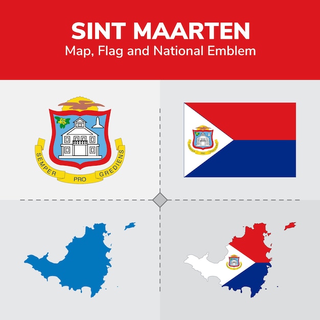 Vetor mapa de sint maarten, bandeira e emblema nacional