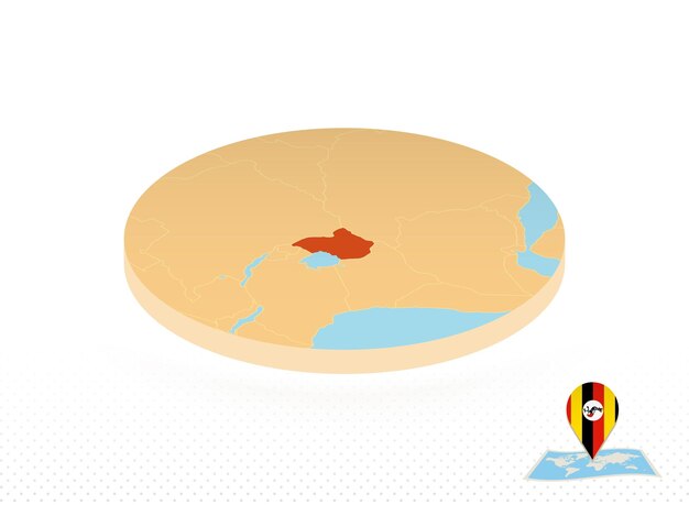 Mapa de uganda projetado no mapa de círculo laranja de estilo isométrico