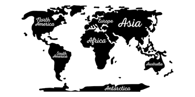 Mapa de vetor plana do continente terra. mundo com ilustração do atlas de silhueta da europa, ásia, américa do norte e do sul, áfrica, austrália e antártica.