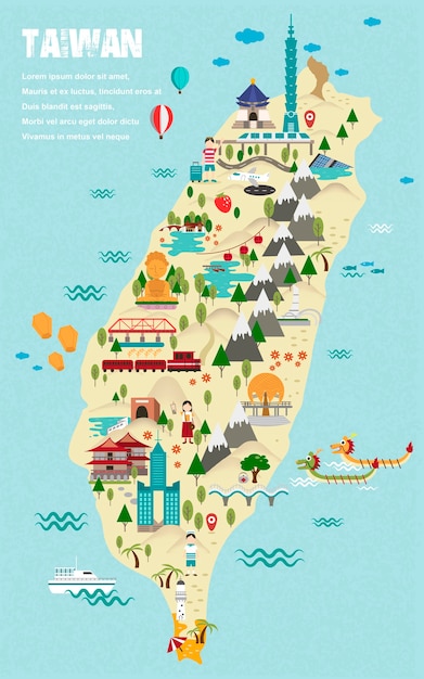 Mapa de viagem adorável para Taiwan em estilo design plano