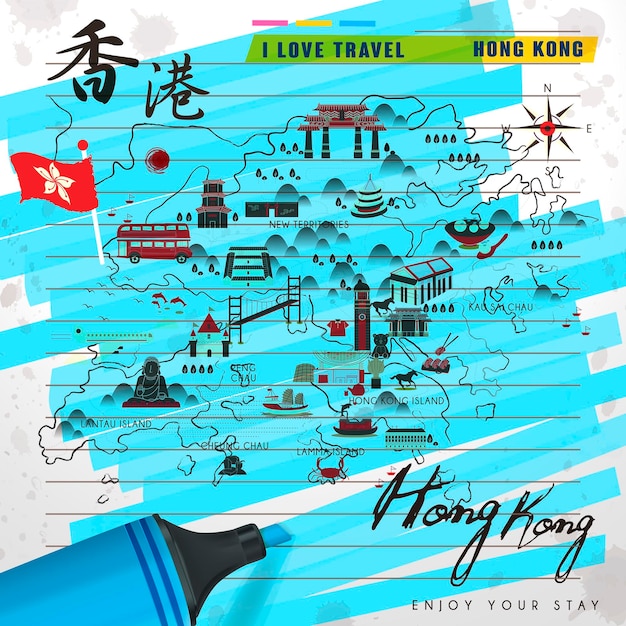 Mapa de viagem atraente de hong kong em papel timbrado - viagem de hong kong em chinês no canto superior esquerdo