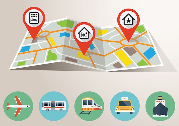 Mapa de viagens com marcação gps e ícones de transporte