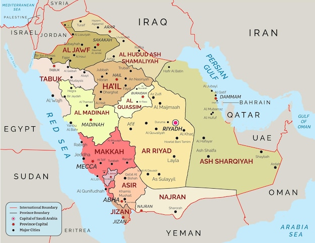 Vetor mapa detalhado da arábia saudita com províncias, regiões, capitais, todas as grandes cidades fronteiriças