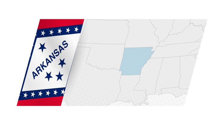 Vetor mapa do arkansas em estilo moderno com a bandeira do arkansas no lado esquerdo