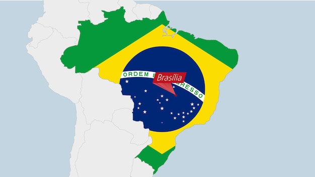Vetor mapa do brasil destacado nas cores da bandeira do brasil e pino da capital do país brasília