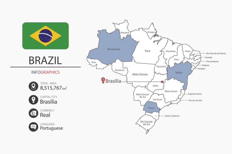 Vetor mapa do brasil elementos infográficos com áreas totais de bandeira moeda língua cidade capital
