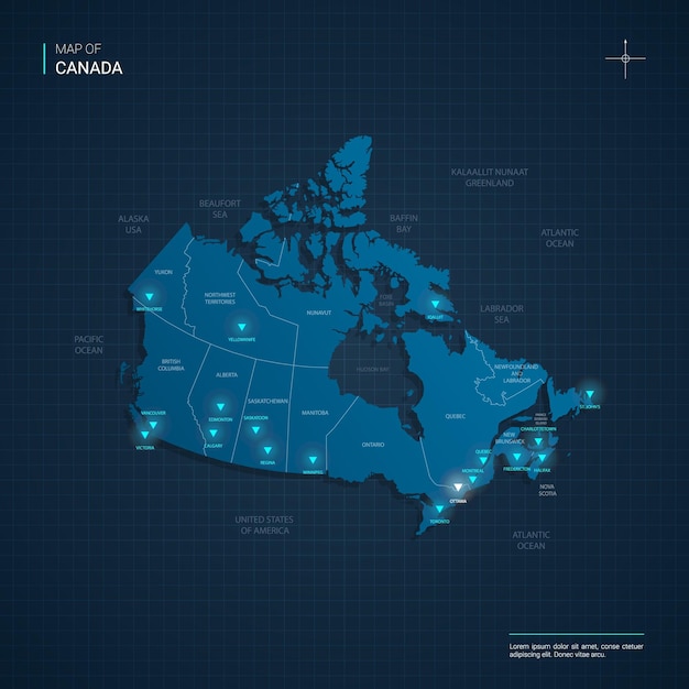 Mapa do canadá com pontos de luz neon azul