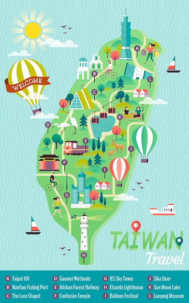 Mapa do conceito de viagens de taiwan, pontos de referência famosos nesta linda ilha