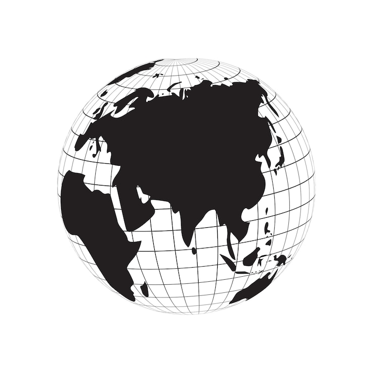 Vetor mapa do continente da ásia e da europa, silhueta do globo mundial, vetor de grade de linha de latitude e longitude da terra