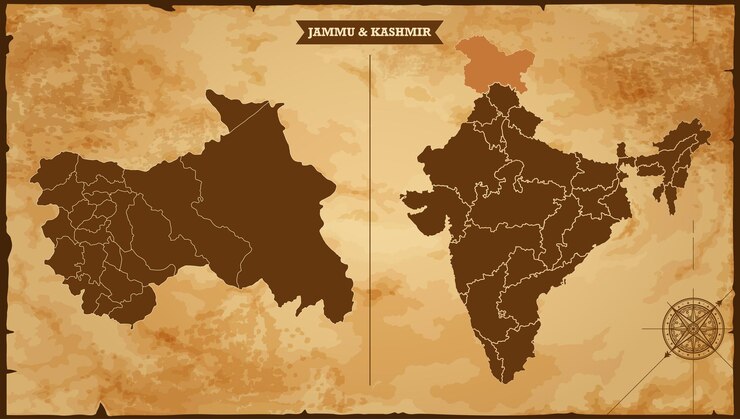 Vetor mapa do estado de jammu e caxemira mapa da índia com estados federais em um fundo baseado em mapa vintage