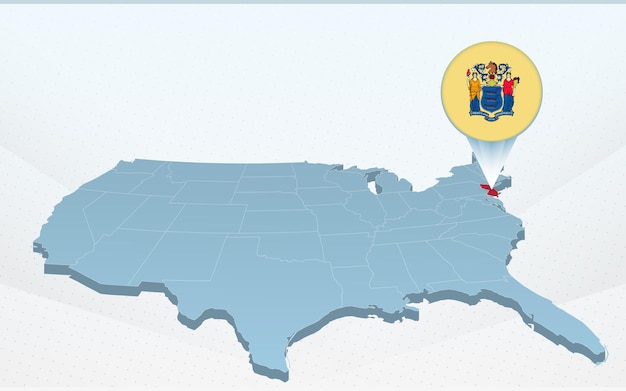 Vetor mapa do estado de nova jersey no mapa dos estados unidos da américa em perspectiva