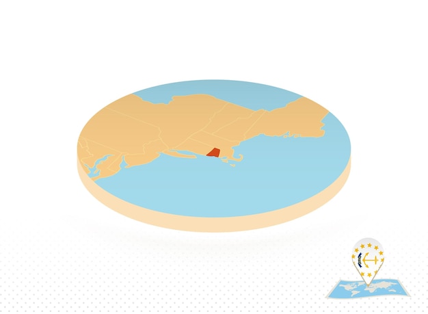 Mapa do estado de rhode island projetado no mapa de círculo laranja de estilo isométrico