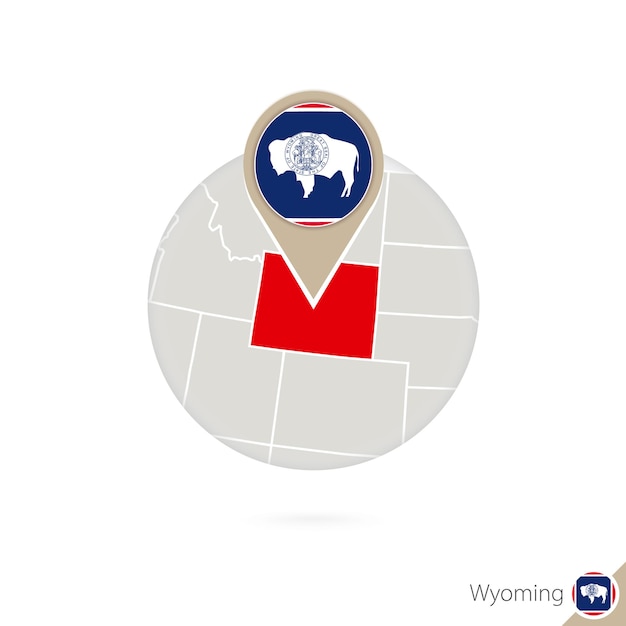 Mapa do estado de wyoming nos e a bandeira em círculo. mapa de wyoming, pino de bandeira de wyoming. mapa do wyoming no estilo do globo. ilustração vetorial.