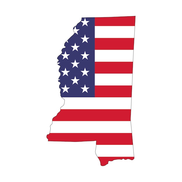 Mapa do estado do mississippi com bandeira nacional americana em fundo branco