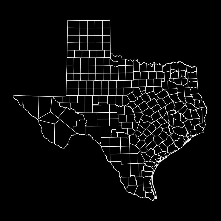 Vetor mapa do estado do texas com ilustração vetorial de condados