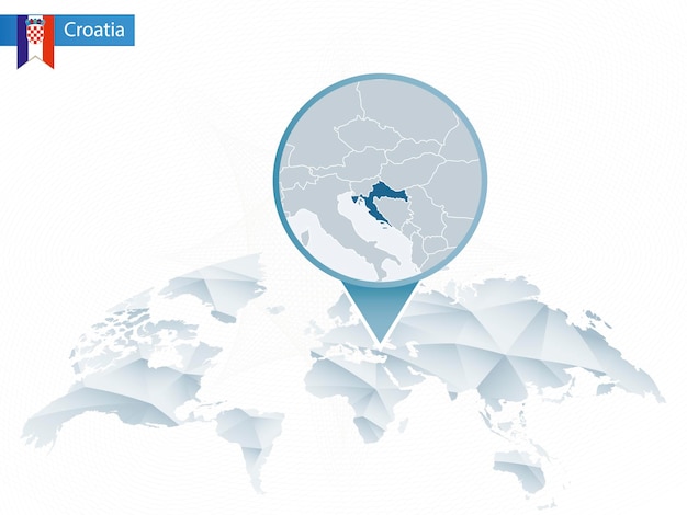 Mapa do mundo arredondado abstrato com mapa detalhado fixado da croácia. mapa e bandeira da croácia. ilustração vetorial.