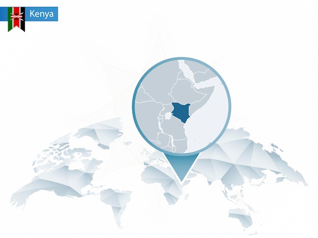 Mapa do mundo arredondado abstrato com mapa detalhado fixado do quênia. ilustração vetorial.