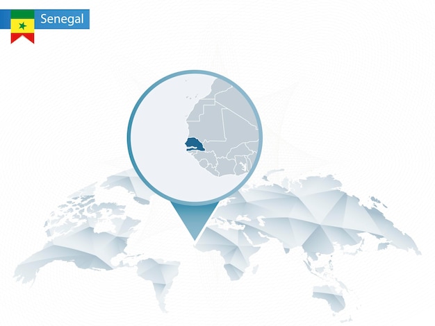 Mapa do mundo arredondado abstrato com mapa detalhado fixado do senegal. mapa e bandeira do senegal. ilustração vetorial.