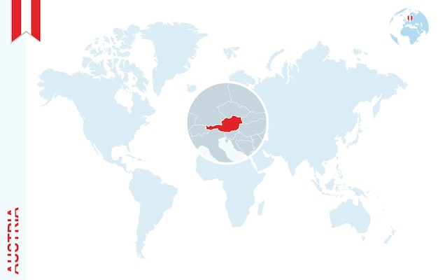 Mapa do mundo azul com ampliação na áustria