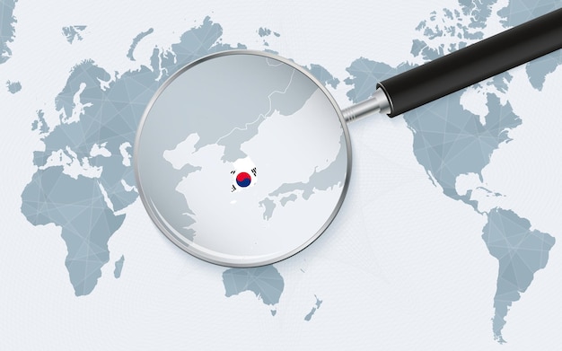 Mapa do mundo centrado na Ásia com lupa na Coreia do Sul Foco no mapa da Coreia do Sul no mapa do mundo Pacificcentric