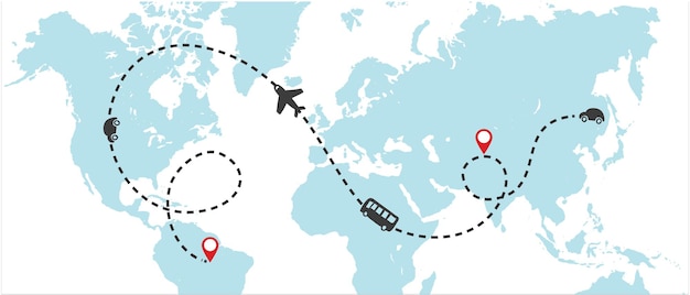 Mapa do mundo com linha de rastreamento tracejada e aviões voando ônibus dirigindo e carro conceito de viagem vetor