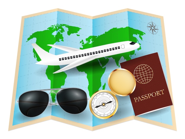mapa do mundo com o avião de passaporte de bússola de óculos de sol