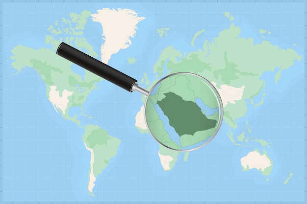 Mapa do mundo com uma lupa no mapa da arábia saudita.