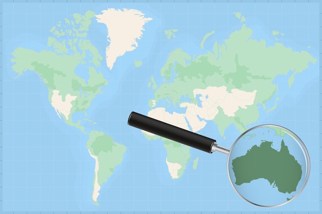 Mapa do mundo com uma lupa no mapa da austrália.