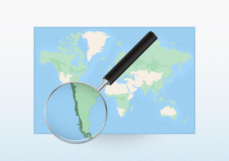 Vetor mapa do mundo com uma lupa voltada para o chile pesquisando o chile com uma lupa