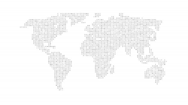 Mapa do mundo de cor preta isolado no fundo branco. modelo plano abstrato com letras